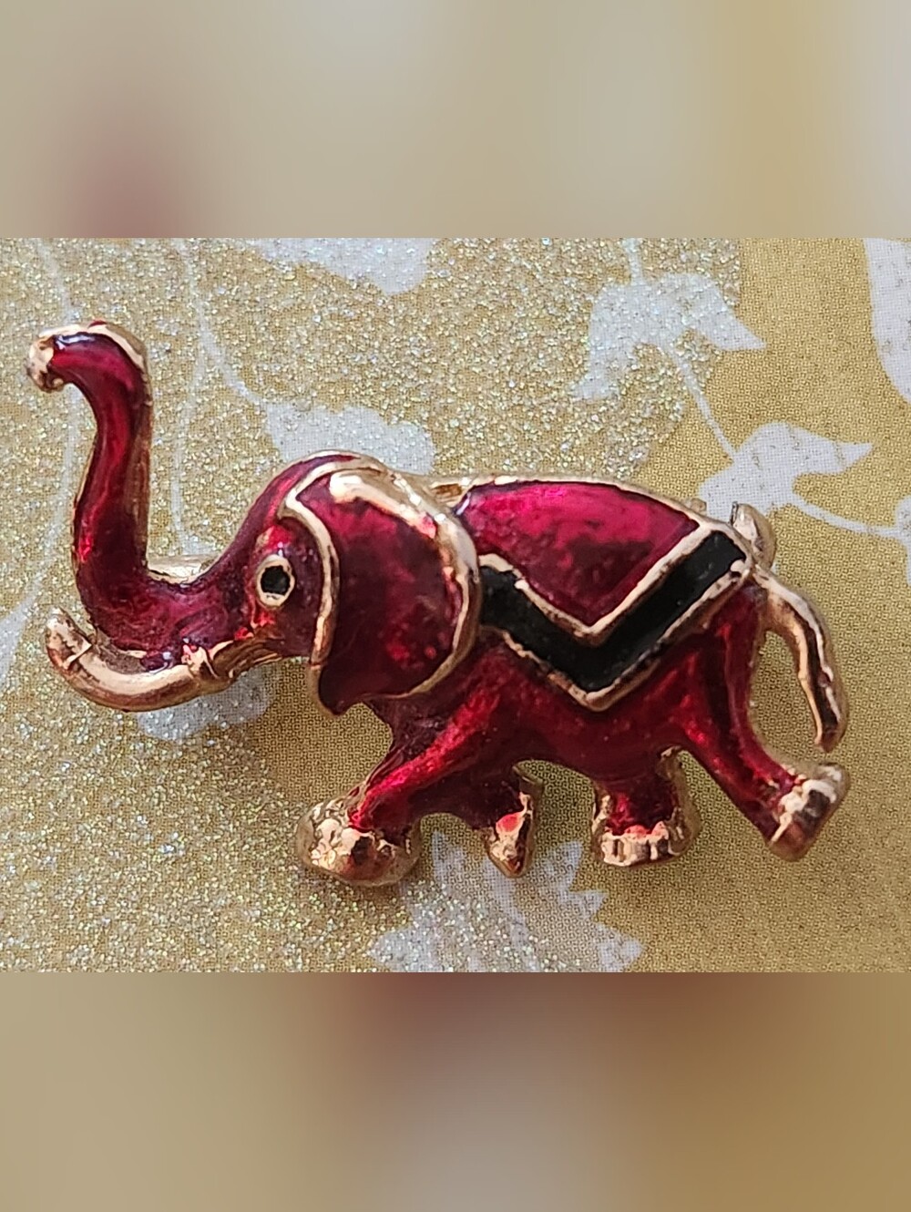 VTG 90s GOLD w Red Enamel Festive ELEPHANT Trunk Up BROOCH PIN Super CUTE  1.5"